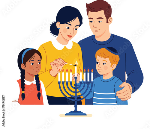 A happy family celebrating Hanukkah, a mother and father helping their two children light the menorah, with a plate of traditional sufganiyot donuts on the table.