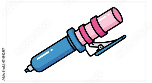 Cartoon illustration of a blue and pink laboratory clamp for holding test tubes.