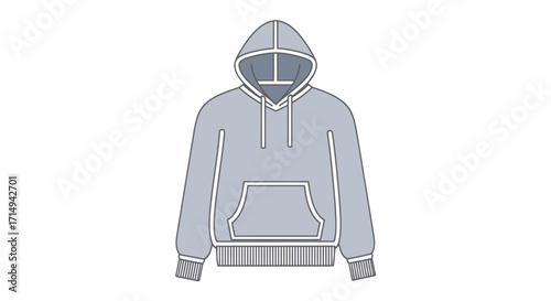 A simple vector illustration of a grey pullover hoodie with a front kangaroo pocket and drawstrings.