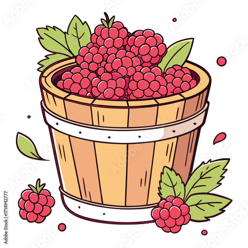 Fresh ripe raspberries spill from a cute wooden bucket near scattered green leaves