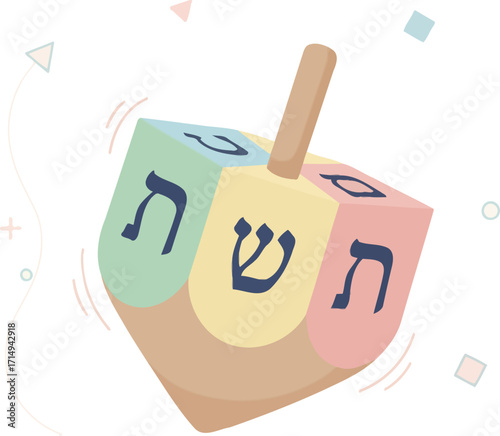 A traditional spinning dreidel with Hebrew letters on each side, a festive toy used for a popular game during the Jewish holiday of Hanukkah, symbolizing joy and fun.