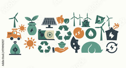 Sustainable energy and environmental symbols in flat design for eco-friendly…