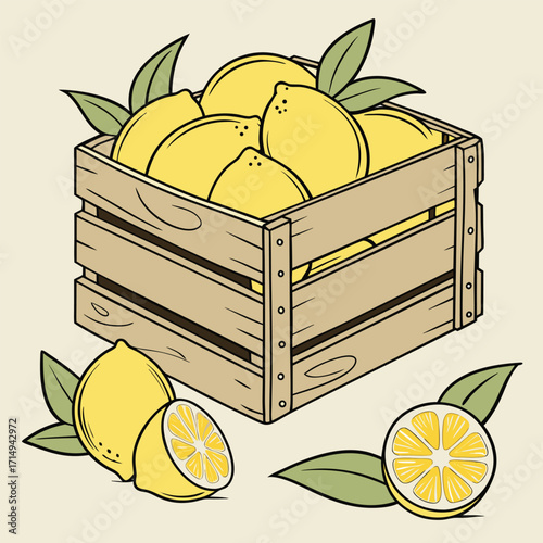 Fresh yellow lemons fill the wooden crate with sliced lemon isolated on background