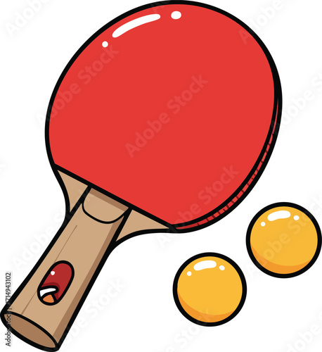 Table tennis paddle with red surface and two orange balls for sport and leisure activities vector illustration
