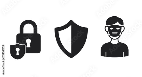 Security icons: lock, shield, and anonymous user in simple black silhouette s…