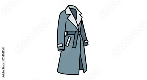 Stylish Long Blue Trench Coat with Belt and White Collar.