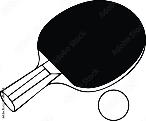 Ping pong paddle with ball simple black and white vector illustration for sports equipment design and leisure activities 
