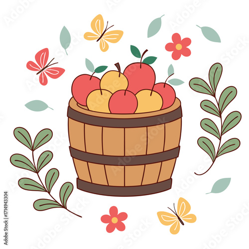Red and yellow apples overflowing in a wood barrel surrounded by florals and butterflies