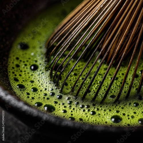 Close-up of Matcha Tea Whisk, Foamy Green Liquid, Dark Bowl.