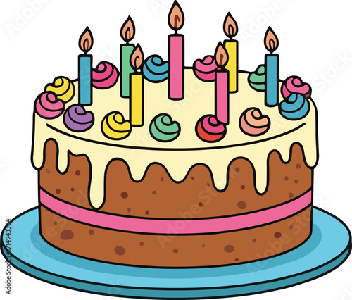 Colorful birthday cake with nine candles, chocolate sponge, white icing, swirl frosting decorations, festive dessert illustration, sweet celebration, cartoon party design