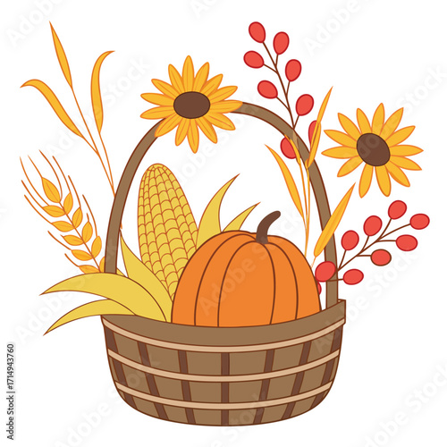 Wicker basket displays fall harvest items, featuring pumpkin, corn, wheat, sunflowers, and berries