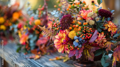 Autumnal floral arrangement with vibrant colors, featuring dahlias, berries, and foliage on a rustic wooden surface.