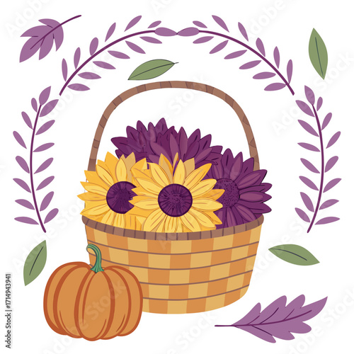 Wicker basket filled with vibrant sunflowers and purple asters sits beside a pumpkin with transparent background