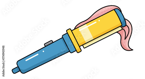 A vibrant cartoon curling iron with a blue handle and yellow barrel styling pink hair.