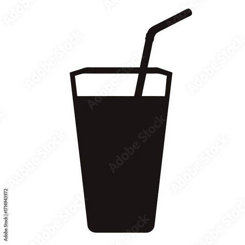 Simple black silhouette of a filled glass with a drinking straw