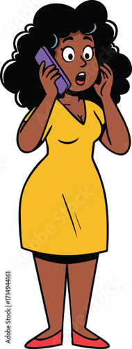 Woman in yellow dress talking on phone surprised expression vector illustration 