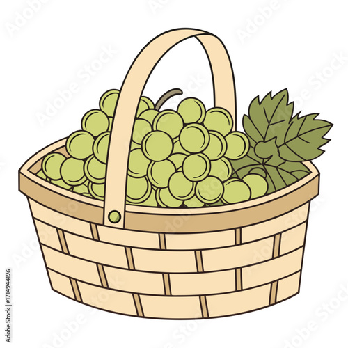 Woven basket filled with fresh green grapes and leaves looks ready to eat