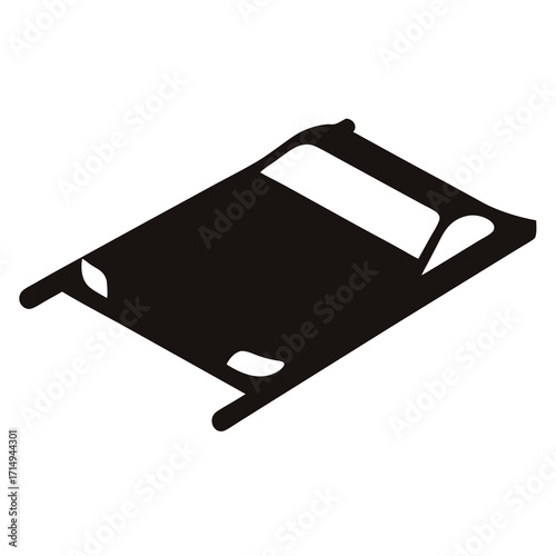 Stylized black and white image of an elevated bed frame without a mattress
