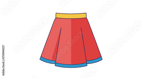 Red pleated skirt with yellow waistband and blue hem detail.