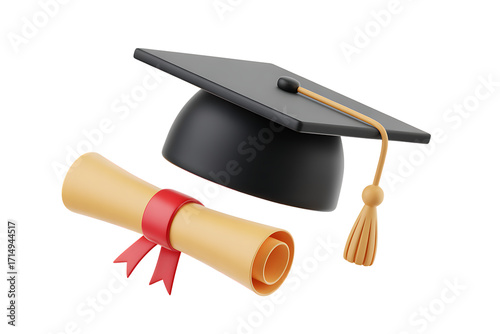 A graduation cap and diploma scroll on a grey background, isolated on transparent background, png

