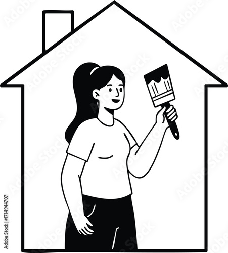 Woman holding paintbrush inside house outline home improvement renovation concept vector illustration 