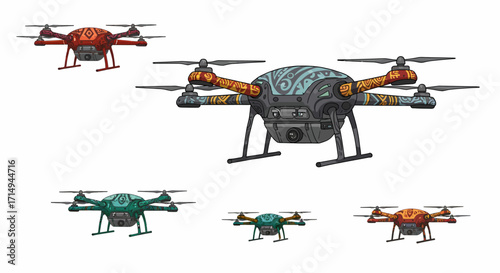 Colorful patterned drones with intricate tribal designs