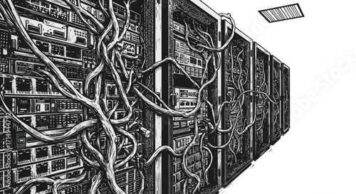 Intricate server room with complex network cables in monochrome style