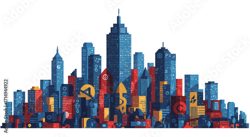 Colorful geometric urban skyline with abstract patterns and unique shapes