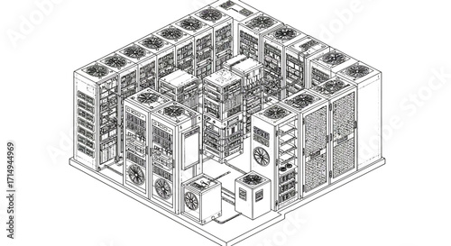Isometric data center: detailed monochrome design of server room infrastructure