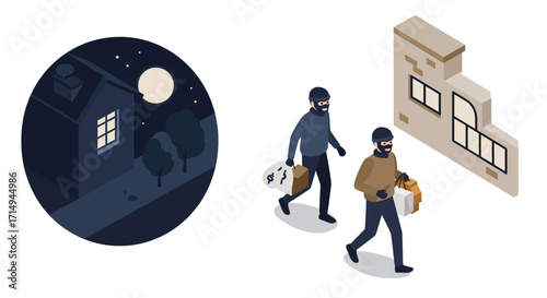Isometric nighttime burglary scene with masked thieves and moonlit house