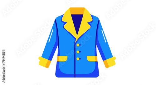 A vibrant blue and yellow winter overcoat with a notched lapel collar and three buttons.