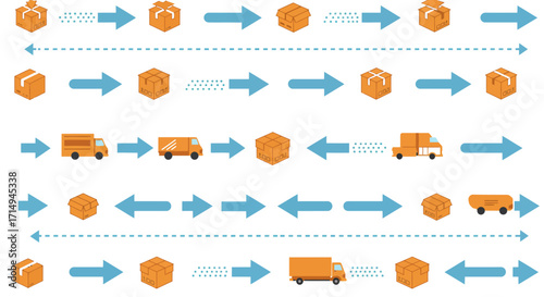 Seamless parcel delivery and shipping process with arrows and trucks