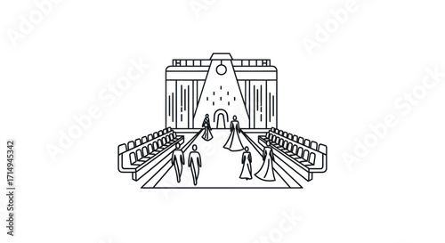 Elegant Architectural Structure with Figures and Walkways.