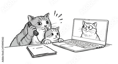 Cats engaging in virtual meeting: sketch style communication scene