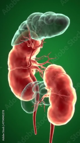 Red kidneys and transparent adrenals are illustrated against green background. Anatomy display showing vessels and human organs