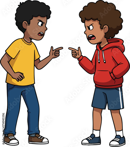 Two boys arguing face to face in casual clothing with expressive gestures and emotions vector illustration 