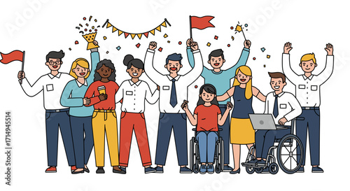 Diverse group of people celebrating inclusivity and empowerment in a flat design