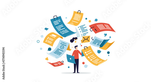 Man managing documents in a colorful abstract paper spiral