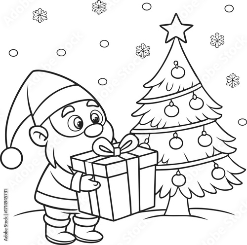 Set of cheerful cartoon Santa Claus carrying a large sack full of gifts line art silhouette vector illustration.