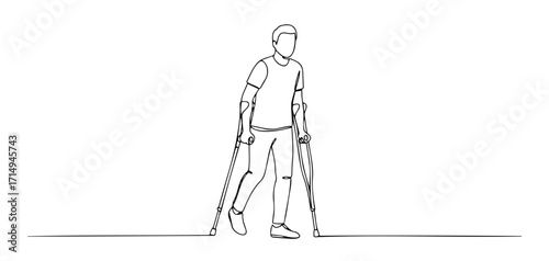Man walking with crutches in minimalist line art style  