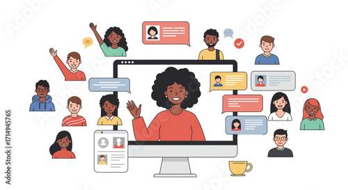 Virtual team meeting: diverse cartoon characters connecting online through di…
