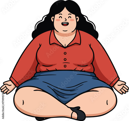 Plus size woman sitting cross legged in casual clothes smiling relaxed illustration vector 