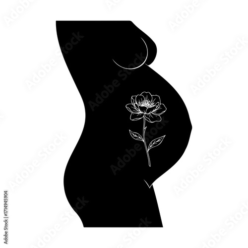 Pregnant woman silhouette with flower design on abdomen  