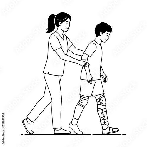 Physical therapist guiding boy’s first steps after surgery in clinic  