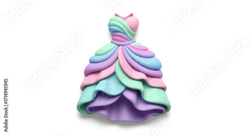 Whimsical Pastel Layered Gown with Swirling Fabric Details.
