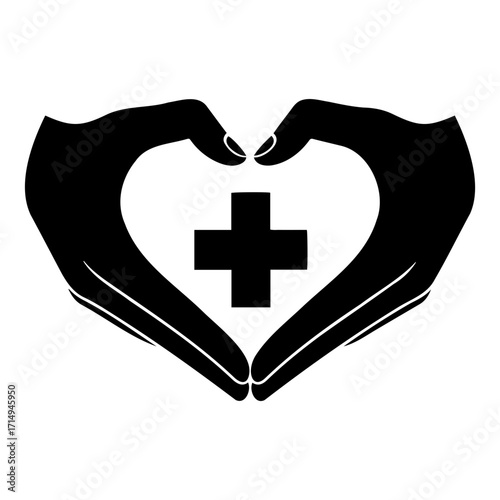 Two hands forming heart shape with medical cross symbol inside  