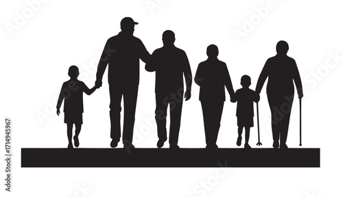 Multigenerational family supporting an Alzheimer's patient during a walk  