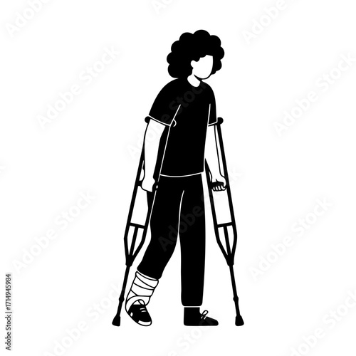 Young person walking on crutches with injured leg indoors  
