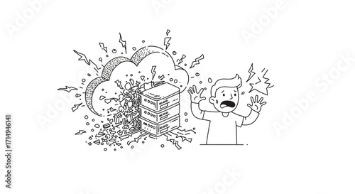 Cloud server crash line art with shocked person and exploding data