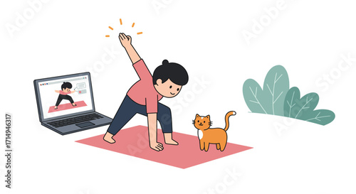 Home exercise with virtual class and playful cat on yoga mat